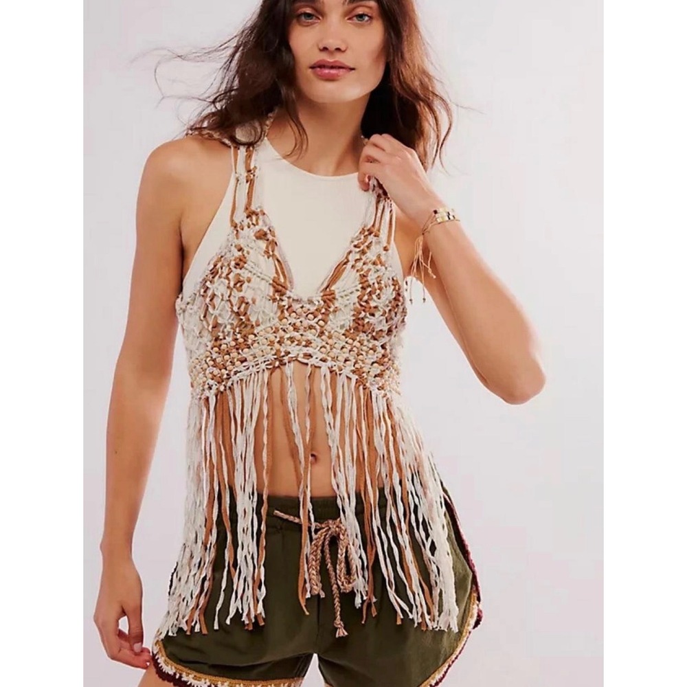 Free People Cream and Brown Crochet Fringe Crop Top